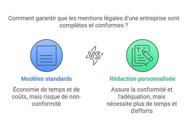 Infographie comparant les modèles standards et la rédaction personnalisée pour assurer la conformité des mentions légales d’une entreprise.