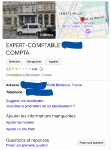 Capture d’écran d’un profil Google My Business mal renseigné pour un cabinet comptable. L’image montre un manque d’informations essentielles, comme les horaires d’ouverture, un site web et une description des services.