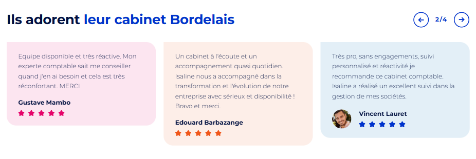 Avis clients sur le cabinet d’expertise comptable Numbr.co à Bordeaux, mettant en avant la disponibilité, le sérieux et la réactivité de l’équipe.