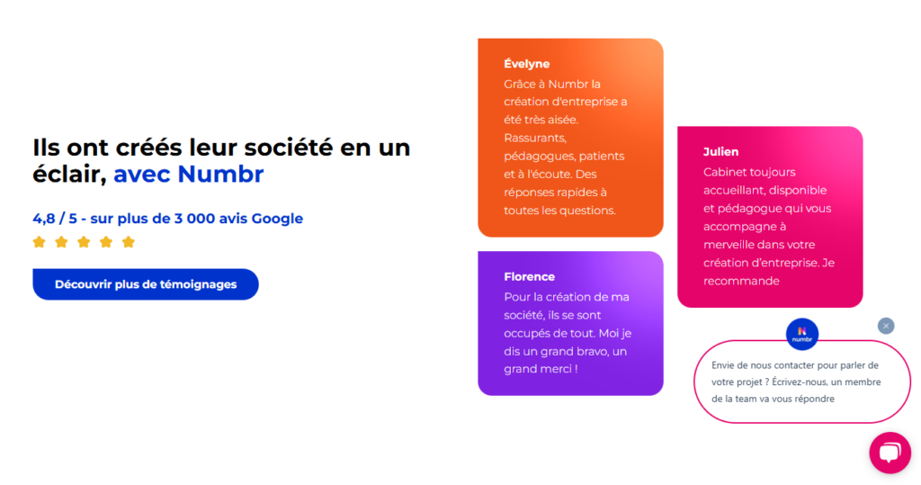 Avis clients sur Numbr mettant en avant l’accompagnement dans la création d’entreprise, la pédagogie et la disponibilité du cabinet.