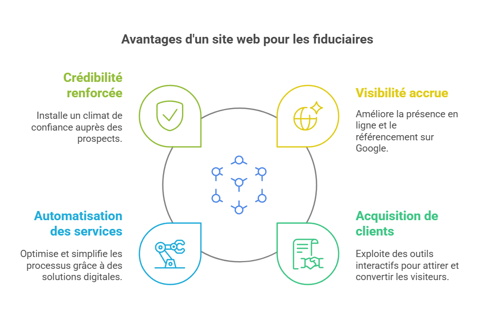 Avantages d’un site web pour les fiduciaires : crédibilité renforcée, visibilité accrue, acquisition de clients et automatisation des services.