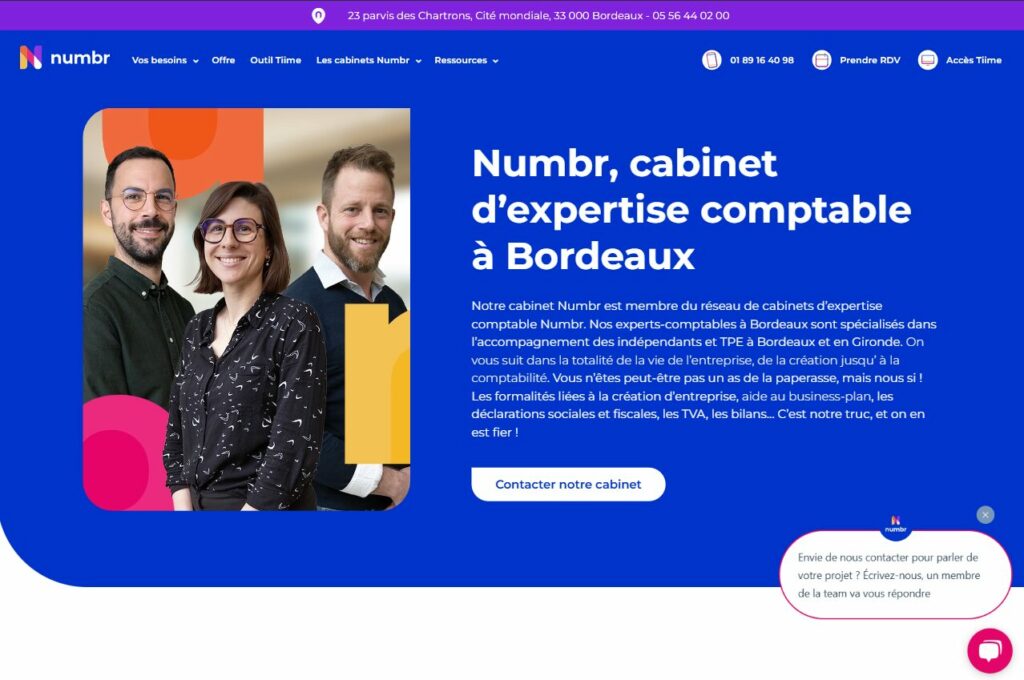 Capture d’écran de la page Numbr.co consacrée à son cabinet d’expertise comptable à Bordeaux, mettant en avant l’équipe locale, les services proposés et un appel à l’action pour contacter le cabinet.