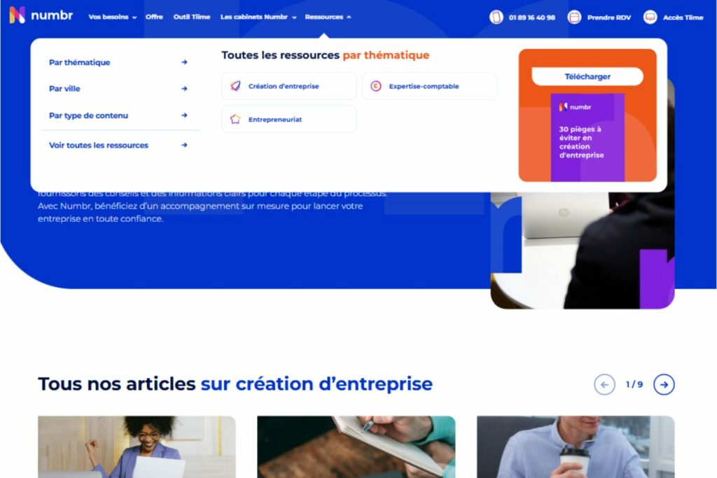 Capture d’écran du site Numbr.co montrant un menu déroulant structuré par thématique, ville et type de contenu, facilitant l’accès aux ressources.