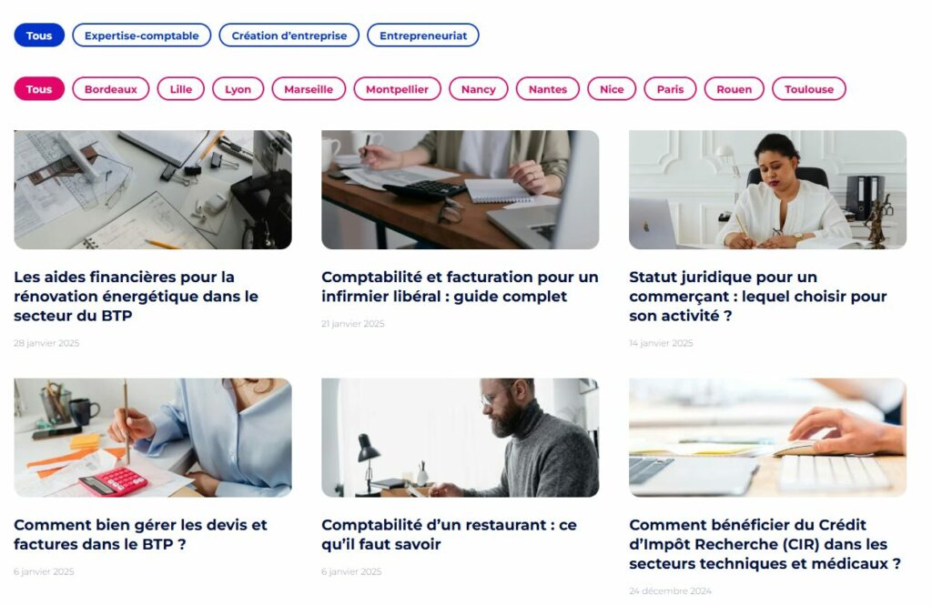 Capture d’écran du blog de Numbr.co présentant des articles sur la comptabilité, l’entrepreneuriat et la gestion d’entreprise, classés par thématique et ville.