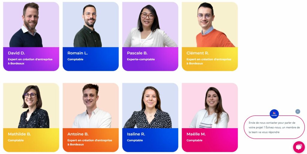 Capture d’écran du site Numbr.co présentant les portraits et rôles des experts-comptables de l’agence de Bordeaux, avec un chat en ligne pour un contact rapide.