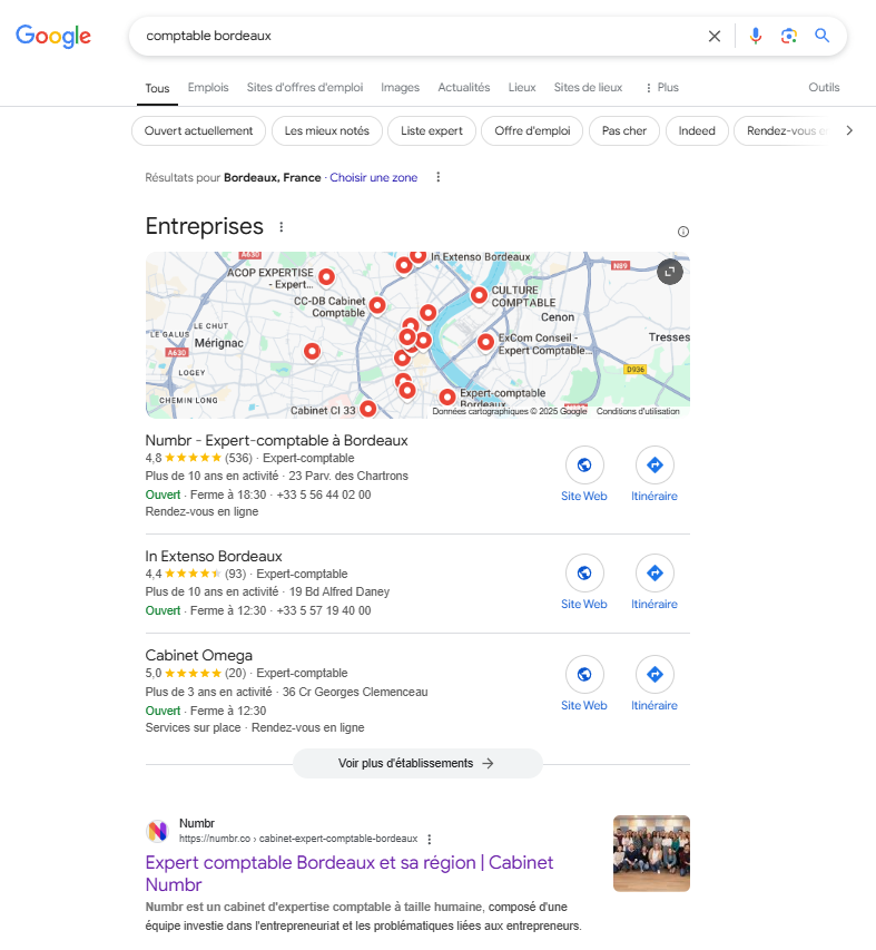 Capture d’écran des résultats Google pour "comptable Bordeaux", montrant Numbr.co en première position sur Google Maps et dans les résultats organiques.