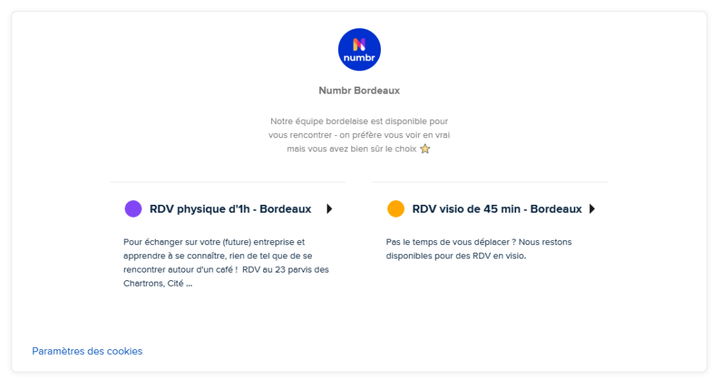 Capture d’écran du module de prise de rendez-vous de Numbr Bordeaux, proposant un RDV physique ou en visioconférence.