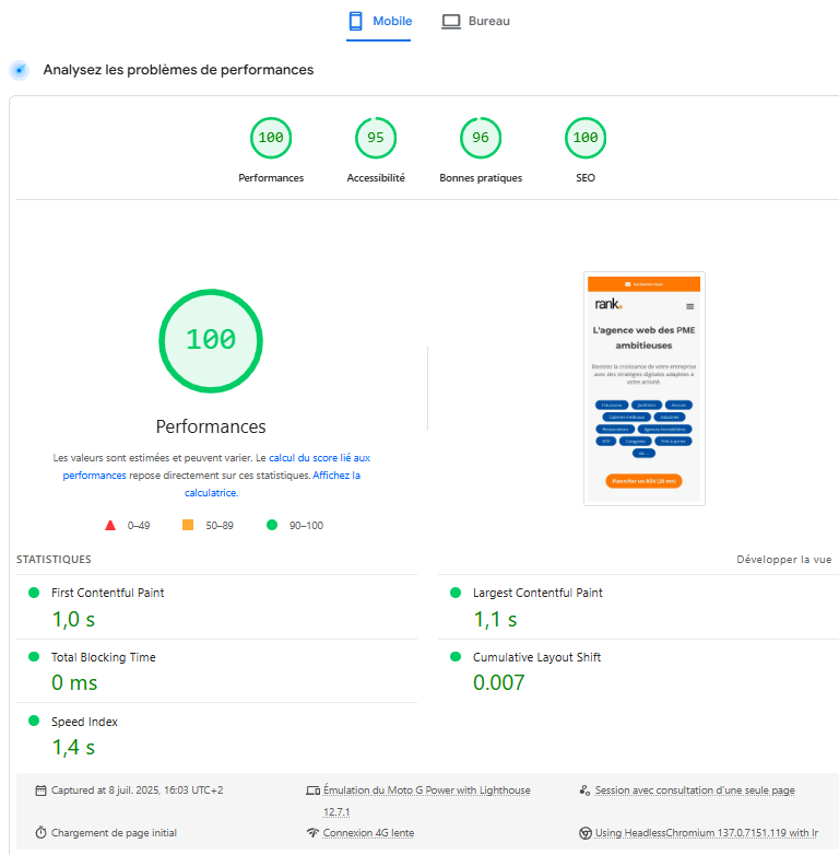 Capture d’écran du rapport PageSpeed Insights mobile affichant un score de performance de 100 pour le site Rank Agence