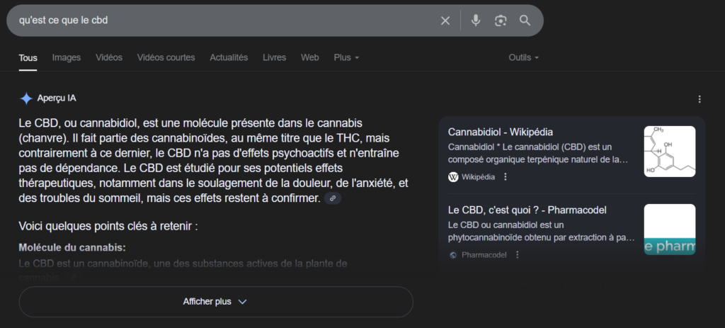 Capture d’écran d’un aperçu IA de Google répondant à la requête “qu’est-ce que le CBD”, présentant une définition du cannabidiol et ses effets potentiels, accompagnée de liens vers Wikipédia et Pharmacodel.