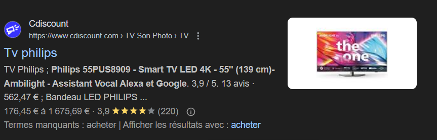 Smart TV Philips 55PUS8909 affichée dans les résultats Google avec note de 3,9 étoiles, prix et image du produit.