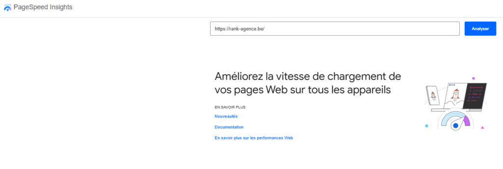 Capture de l’outil Google PageSpeed Insights prêt à analyser la performance du site rank-agence.be