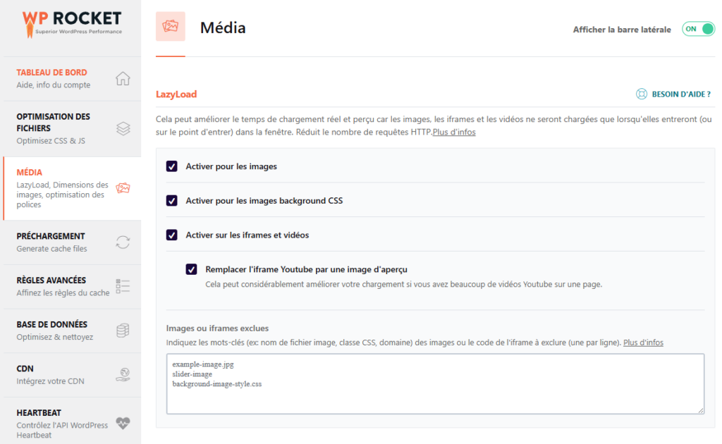 Capture d’écran des réglages Lazy Load de WP Rocket activés pour les images, arrière-plans CSS et vidéos