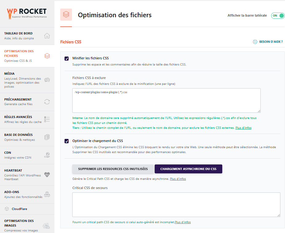 Capture d’écran des options de minification et de chargement asynchrone des fichiers CSS dans WP Rocket
