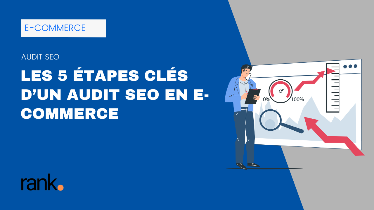 Illustration d’un expert analysant la performance SEO avec un graphique et une loupe, accompagné du titre "Les 5 étapes clés d’un audit SEO en e-commerce".