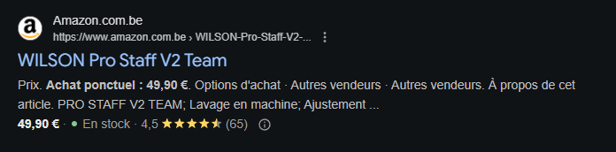 Exemple de fiche produit Amazon affichée avec rich snippets : prix, stock, avis clients