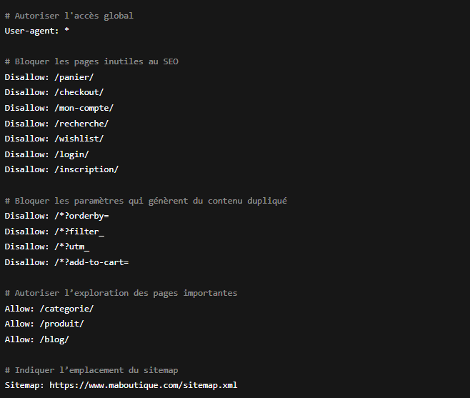Exemple de fichier robots.txt configuré pour un site e-commerce afin de bloquer les pages inutiles et optimiser l’indexation SEO