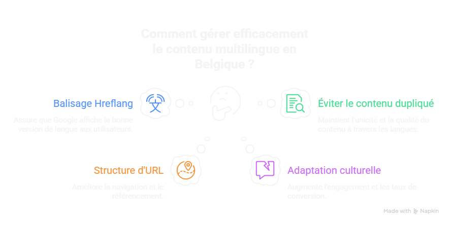 Infographie sur la gestion efficace du contenu multilingue en Belgique : balisage hreflang, structure d’URL, éviter le contenu dupliqué, adaptation culturelle