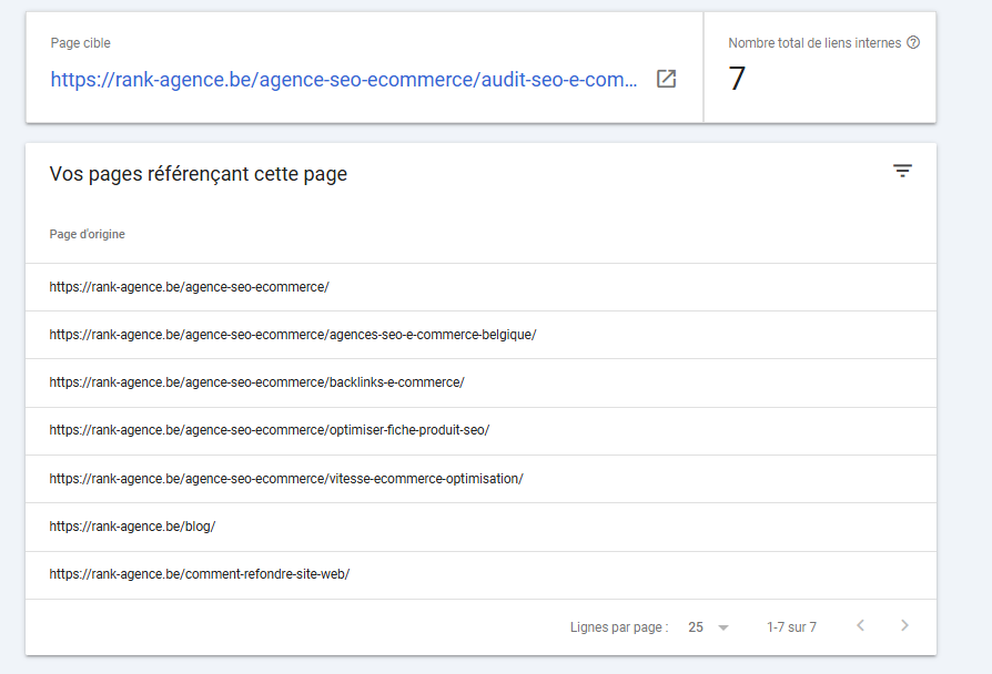Capture d’écran Google Search Console affichant les pages les plus liées en interne sur rank-agence.be, montrant l’impact du maillage interne en SEO.
