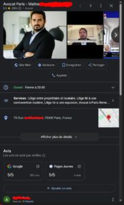 Exemple de fiche Google Business Profile optimisée pour un cabinet d’avocat avec avis clients