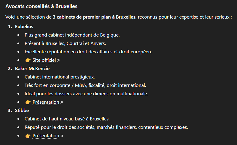 Liste de trois cabinets d’avocats de premier plan à Bruxelles : Eubelius, Baker McKenzie et Stibbe, avec leur description et un lien de présentation.