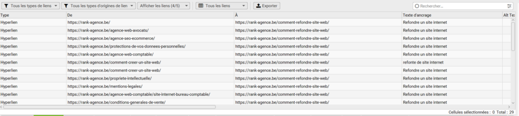 Capture d’écran de Screaming Frog listant les liens internes pointant vers la page “refondre un site web”.